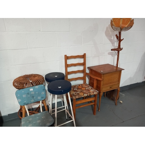 145 - A sewing box, standard lamp, two bar stools etc