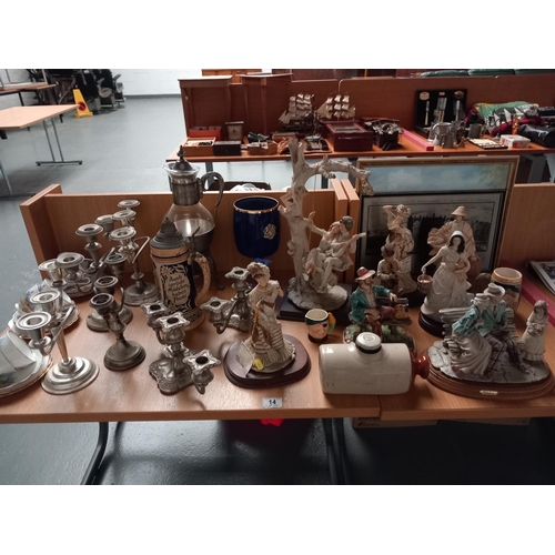 14 - Leonardo collection and other figurines, claret jug, silver plated candelabras and a part Colclough ... 