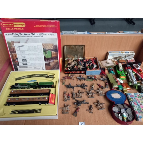 31 - A boxed Hornby Flying Scotsman set, lead soldiers, coins, stamps etc