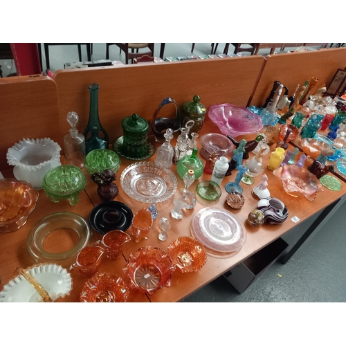 37 - A collection of glassware to include retro lamp shades, perfume bottles, carnival glass etc