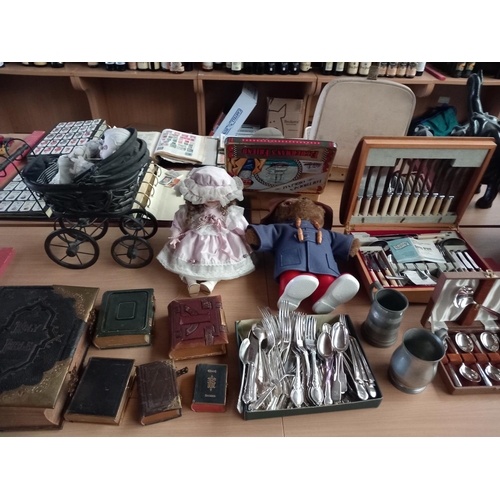 47 - Leather bound bibles, paddington bear, cutlery sets etc