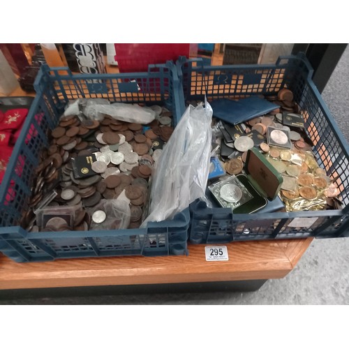 295 - Two trays of mostly British coins - sixpences, pennies, commemorative etc