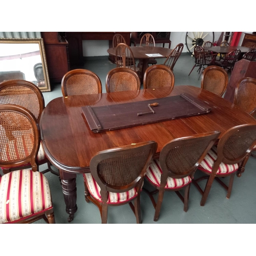 123 - A Victorian wind out mahogany extending dining table with two leaves, hand crank and 10 chairs