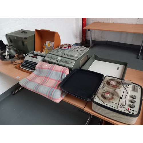 59 - A vintage woolen blanket, ferrograph reel to reel, defiant reel to reel, deluxe typewriter etc