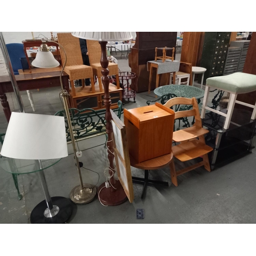 307 - Pine step stool, standard lamps, stools, etc