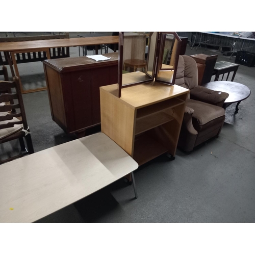 310 - Pine effect desk, fabric armchair, triple mirror, etc