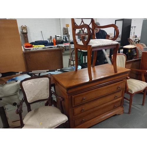 328 - Oak chest of drawers and 3 various dining chairs