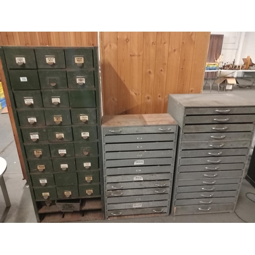 332 - A metal multi-drawer unit and 2 wooden multi-draw units