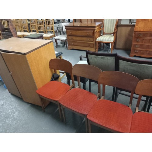 305 - Pine office cupboard, 4 mid century dining chairs etc