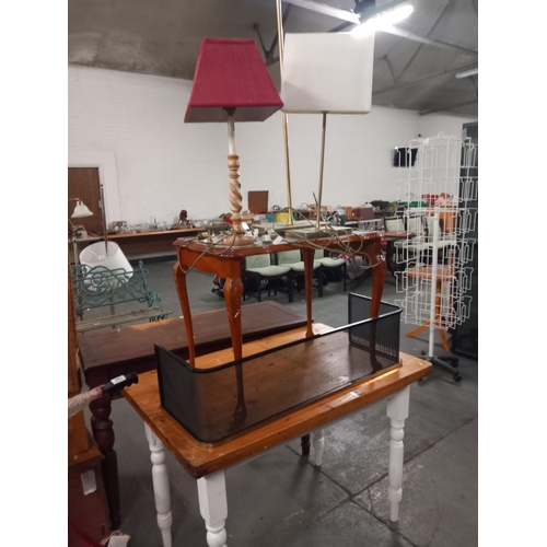 344 - Pine dining table, fire guard, lamps, etc