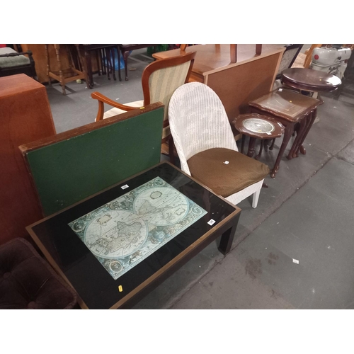 346 - Map table, mahogany nest of tables, Lloyd Loom style chair, etc