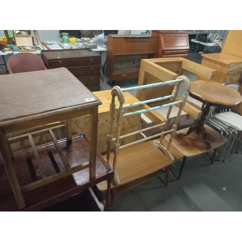 374 - 4 metal stacking chairs, oak tea trolley, side tables, etc