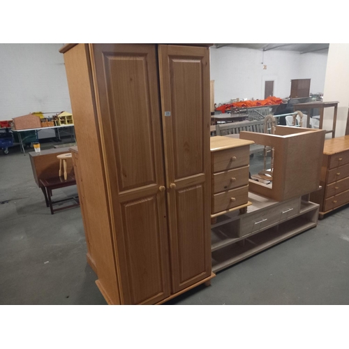 376 - Pine double wardrobe, oak effect TV unit and a pine bedside table