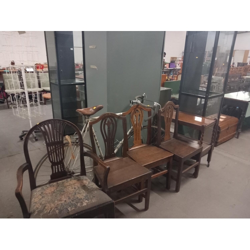 383 - Glass display case, 4 oak dining chairs, gents Puch racing bike, etc