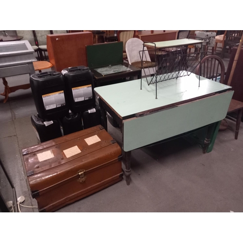 384 - Formica top drop leaf dining table, metal chest, standard lamp, etc