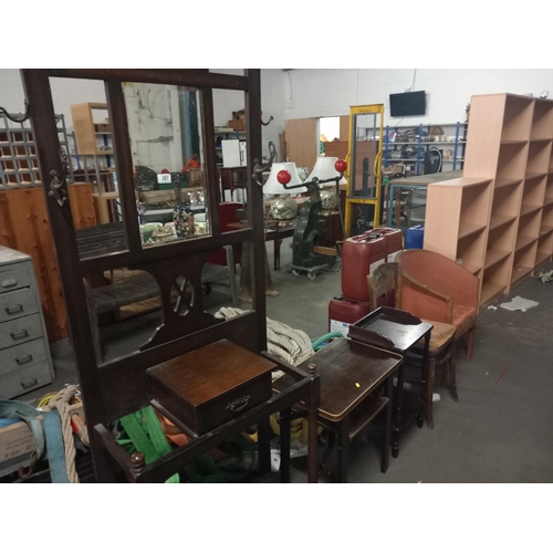 387 - An oak hall stand, Lloyd Loom style chair, glass display case, etc