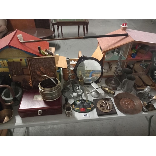 407 - Mixed items to include metalware, dolls houses, marbles, etc