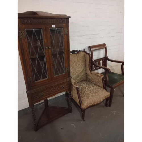 456 - An oak corner unit and 2 oak frame armchairs