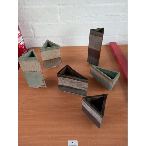 1 - Six studio pottery triangular vases with paper label (handwritten Ballantyne)