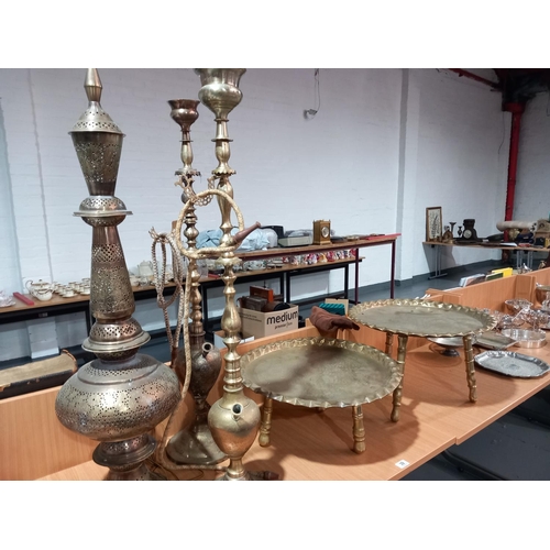 39 - A large Arabic table lamp, two large Hookah pipes and two side tables - all brass