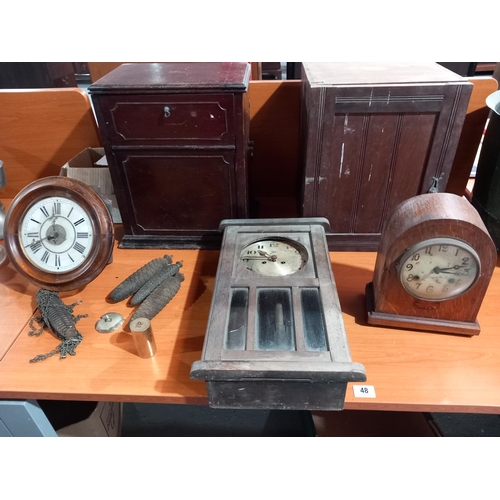 48 - Two wooden cabinets and clocks to include a Postmans alarm clock