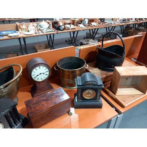 60 - Mantle clocks - wooden and slate, brass and metal coal scuttles, mahogany tea caddy, wooden boxes et... 