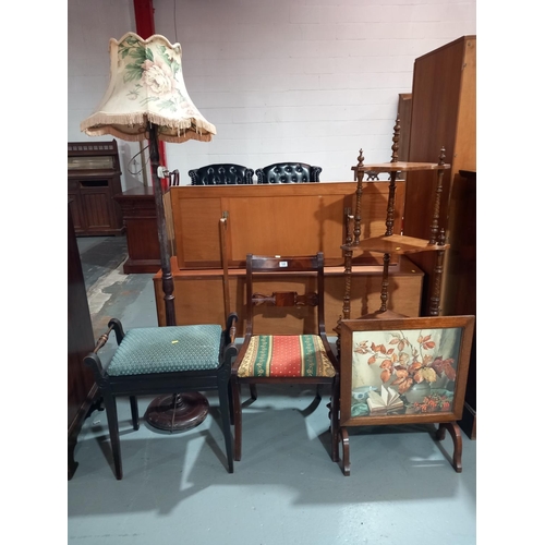 122 - A piano stool, bedroom chair, oak firescreen, whatknot and a standard lamp with shade