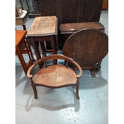 126 - Two Oak drop leaf tables, one oak tilt top occasional table and a small rush seated armchair