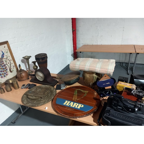 77 - Vintage cameras, binoculars, mobile phones, brass and copperware, woollen blankets etc