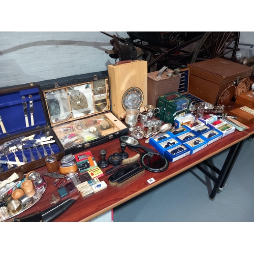 86 - Vintage items - fly tying kit, wooden boxes, ebony dressing table set, silver plated items, shell pe... 