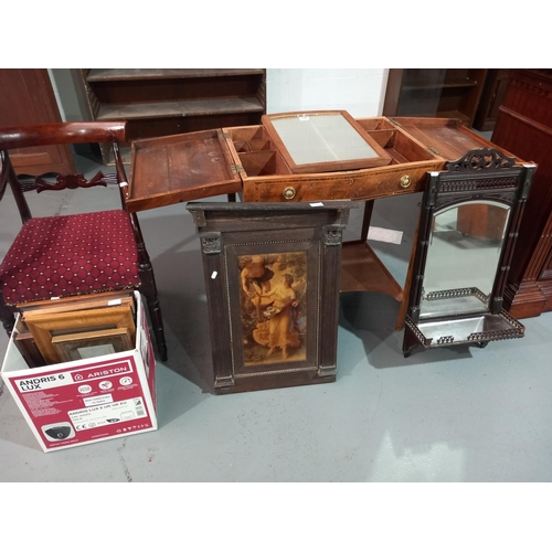 140 - A mahogany chair, dressing table, pictures and a mirror