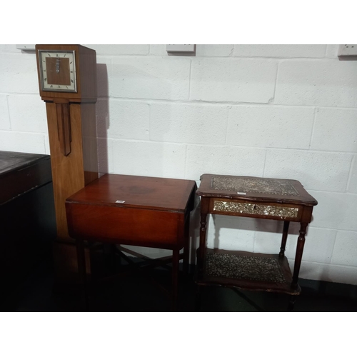 156 - A mother of pearl sewing table, occasional table and a granddaughter clock