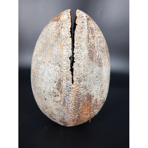 242 - Alan Wallwork studio pottery large oval stoneware vessel incised A W - 35cm high. Condition is good,... 