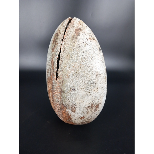 242 - Alan Wallwork studio pottery large oval stoneware vessel incised A W - 35cm high. Condition is good,... 