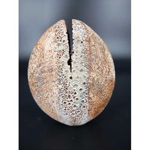 237 - A studio pottery Alan Wallwork (1931-2019) stoneware split seed pod - Flattened & Oviform with notch... 