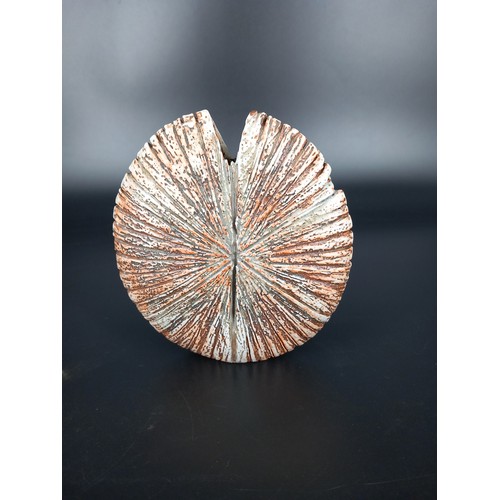 238 - Alan Wallwork studio pottery split oval stoneware vessel with incised radiating decoration.  Incised... 