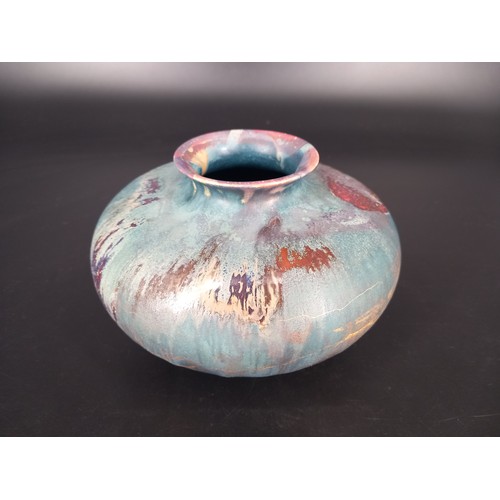 240 - Tony Laverick studio pottery vase with ASL inscribed mark glazed in blue and copper squat form (12cm... 