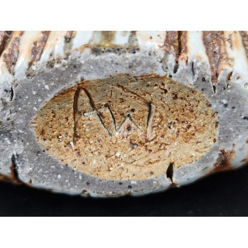 238 - Alan Wallwork studio pottery split oval stoneware vessel with incised radiating decoration.  Incised... 