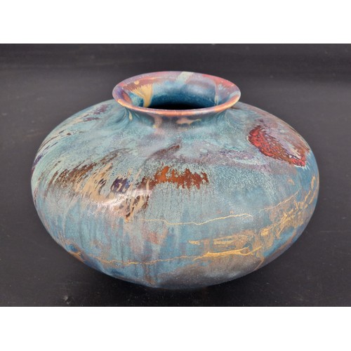 240 - Tony Laverick studio pottery vase with ASL inscribed mark glazed in blue and copper squat form (12cm... 