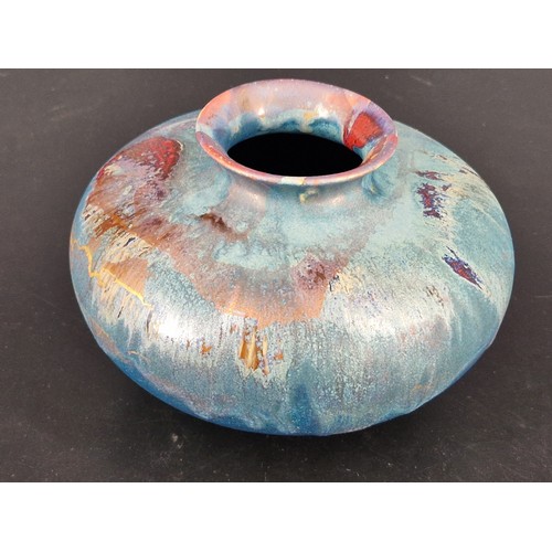 240 - Tony Laverick studio pottery vase with ASL inscribed mark glazed in blue and copper squat form (12cm... 