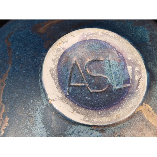 240 - Tony Laverick studio pottery vase with ASL inscribed mark glazed in blue and copper squat form (12cm... 