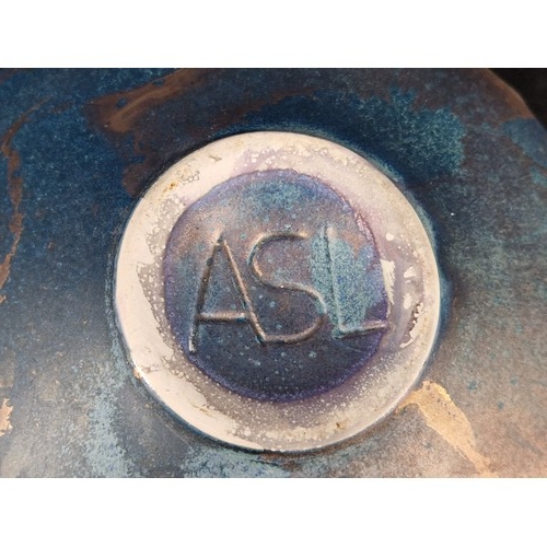 240 - Tony Laverick studio pottery vase with ASL inscribed mark glazed in blue and copper squat form (12cm... 