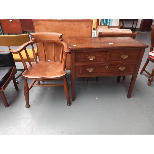 125 - An oak chair and a smokers bow, early oak inlaid lowboy/desk - two short drawers over one long