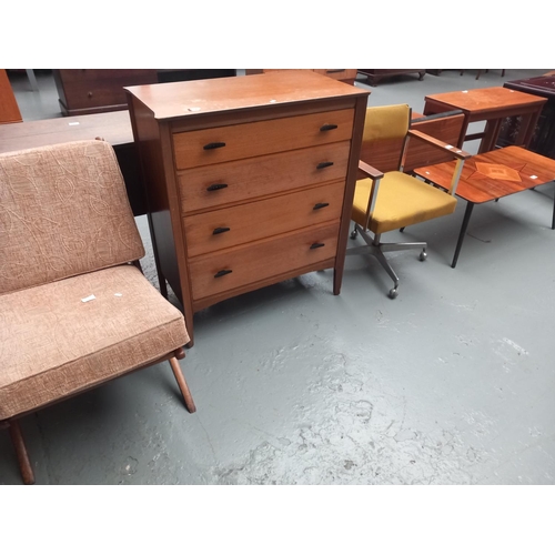 132 - A teak folding chair, chest of drawers, coffee table and a swivel chair