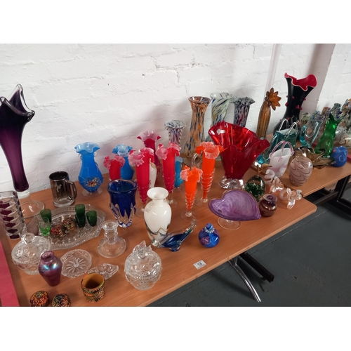 14 - Large collection of coloured decorative art glass include murano vases and cut glass etc