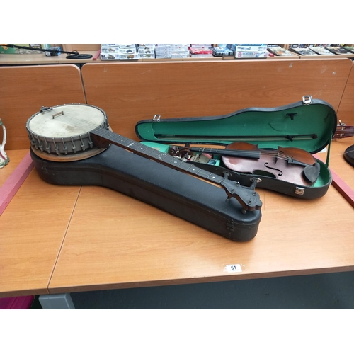 61 - The Windsor Popular Model 1 Banjo in case together with a vintage skylark violin and bow in case