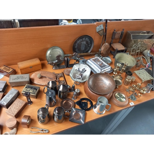 65 - A pair of large brass candlesticks, wooden boxes, silver plated items etc