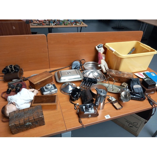 73 - Vintage items to include cameras, wooden boxes, binoculars etc