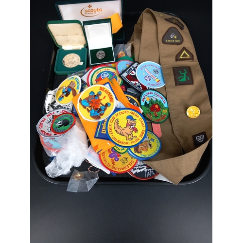 231 - Scouting, Beaver, Cubs and Guides sew on patches, Commemorative coin and two silver badges