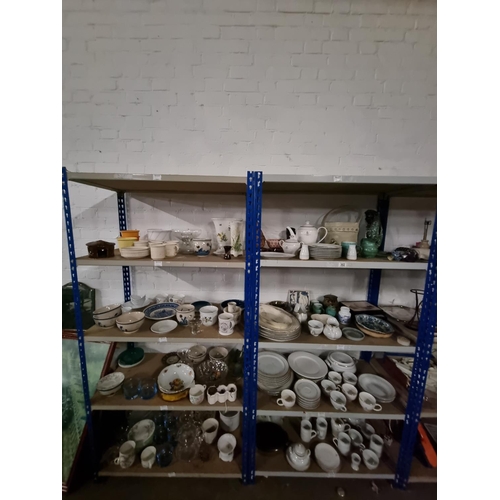 302 - 8 shelves of china including a full tea set, glassware etc